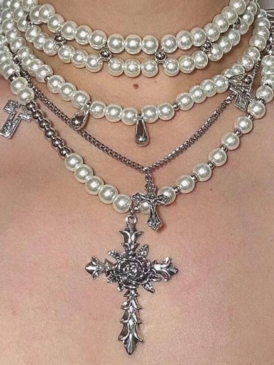 Jewelry - Layered Pearl Necklace Gothic Cross Pearl Stacked Necklace for Women